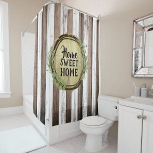 Rustic White & Brown Wood Botanical Wreath Barn Shower Curtain