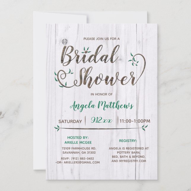 Rustic White & Brown Wood Bridal Shower Invitation (Front)