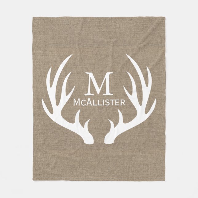 Rustic White Buck Antlers Faux Burlap Family Name Fleece Blanket (Front)