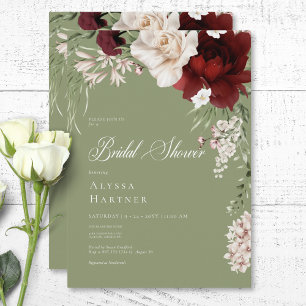 Rustic White & Burgundy Floral Green Bridal Shower Invitation