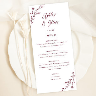 Rustic White & Burgundy Floral Wedding Menu Card