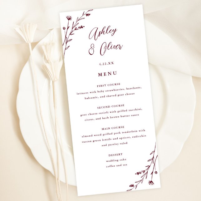 Rustic White & Burgundy Floral Wedding Menu Card (Creator Uploaded)