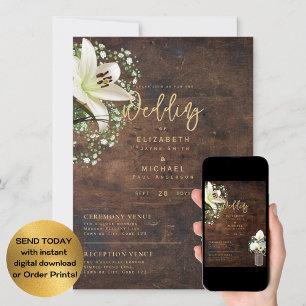 Rustic White Calla Lilies Floral  Wedding Digital  Invitation