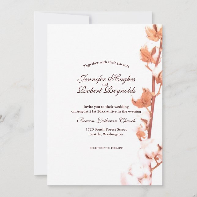 Rustic White Cotton Wedding Invitation (Front)