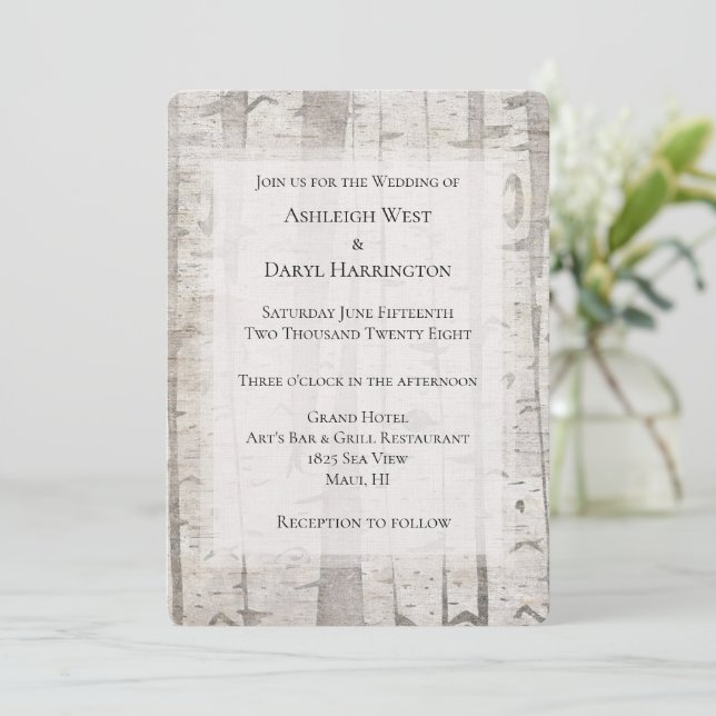 Rustic White Cream Birch Trees Wedding Invitation (Standing Front)