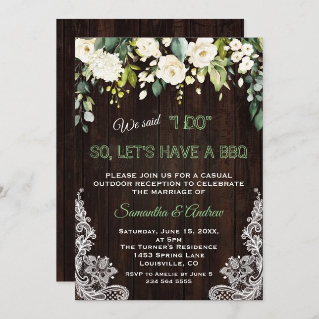 Rustic White Cream Flowers Lace I DO BBQ Invitation (Front/Back)