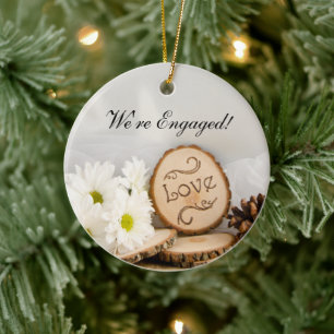 Rustic White Daisies Woodland Engagement Ceramic Tree Decoration