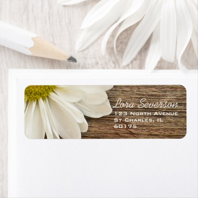 Rustic White Daisy Brown Barn Wood Return Address Label (Insitu)
