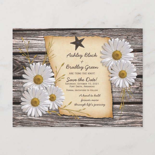Rustic White Daisy Western Wedding Save the Date Announcement Postcard (Front)