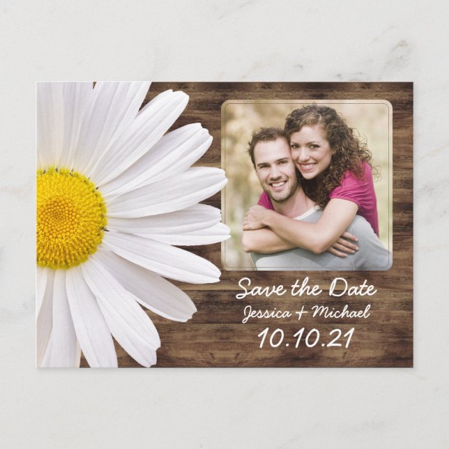 Rustic White Daisy Wood Photo Wedding Save Date Announcement Postcard (Front)