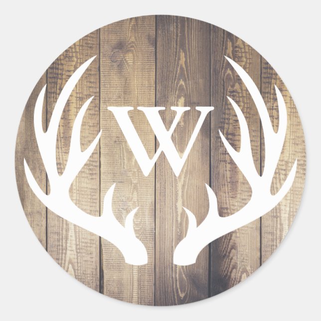 Rustic White Deer Antlers Barn Wood Initial Letter Classic Round Sticker (Front)