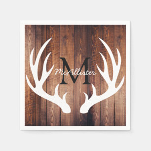 Rustic White Deer Antlers Barn Wood - Personalised Napkin
