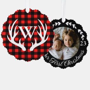 Rustic White Deer Antlers & Buffalo Plaid Photo Tree Decoration Card