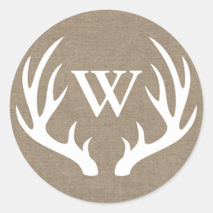 Rustic White Deer Antlers Burlap Initial Letter Classic Round Sticker
