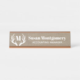 Rustic White Deer Antlers Faux Burlap Desk Name Plate