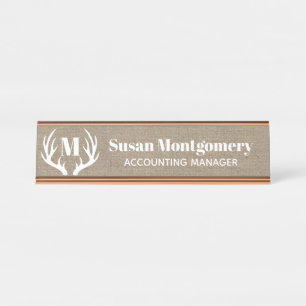 Rustic White Deer Antlers Faux Burlap Desk Name Plate