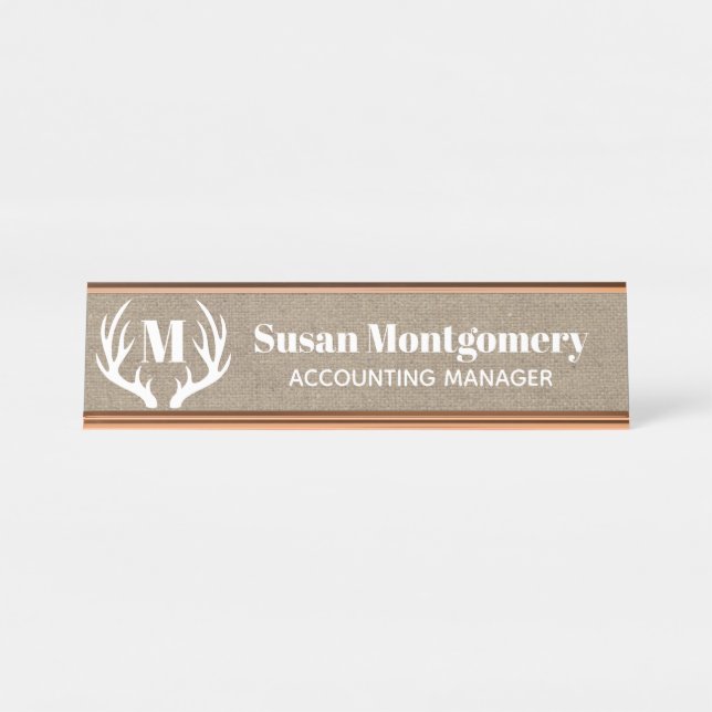 Rustic White Deer Antlers Faux Burlap Desk Name Plate (Front)