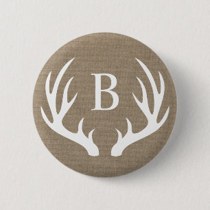 Rustic White Deer Antlers & Faux Burlap   Monogram 6 Cm Round Badge