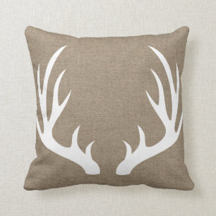 Rustic White Deer Antlers & Faux Burlap Print Cushion