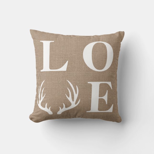 Rustic White Deer Antlers Love Faux Burlap Cushion (Front)