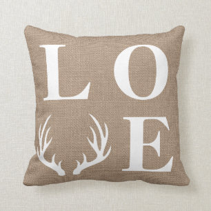 Rustic White Deer Antlers Love Faux Burlap Cushion