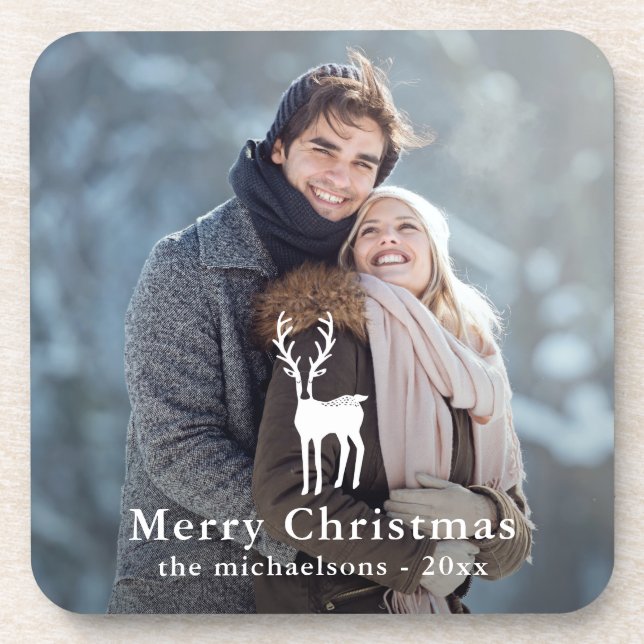 Rustic White Deer Christmas Holiday Photo Coaster (Front)