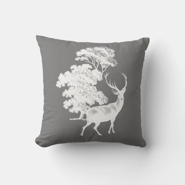 Rustic White Deer Silhouette on Grey Cushion (Front)