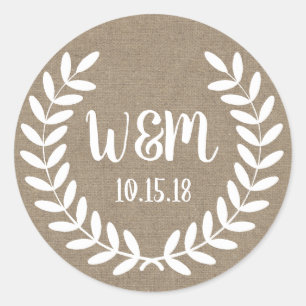 Rustic White Farmhouse Laurels Burlap Classic Round Sticker