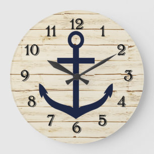 Rustic White Faux Wood with Anchor Large Clock