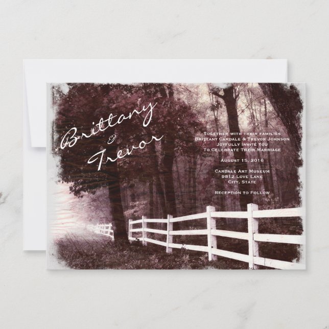 Rustic White Fence Forest Tree Wedding Invitations (Front)