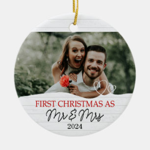 Rustic White First Christmas as Mr. & Mrs.  Ceramic Ornament