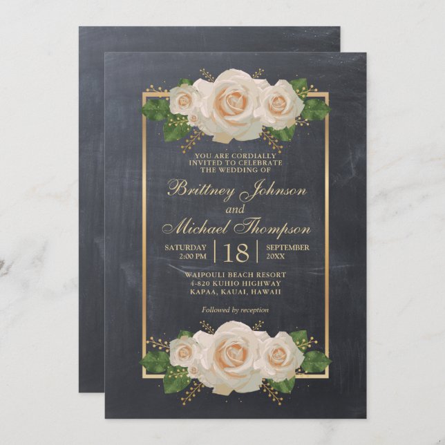 Rustic White Floral Chalkboard Formal | Wedding Invitation (Front/Back)