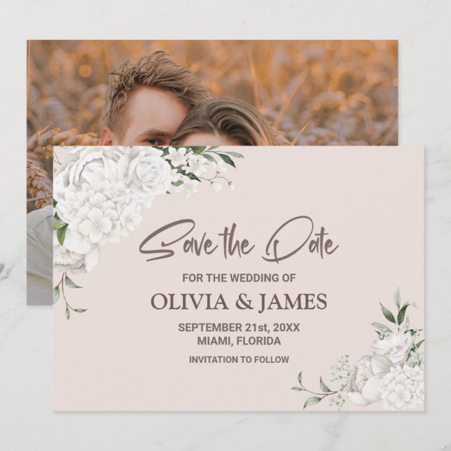 Rustic White Floral Custom Photo Wedding Save The Date (Front/Back)