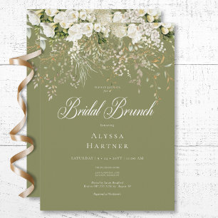 Rustic White Floral Drop Sage Green Bridal Brunch Invitation