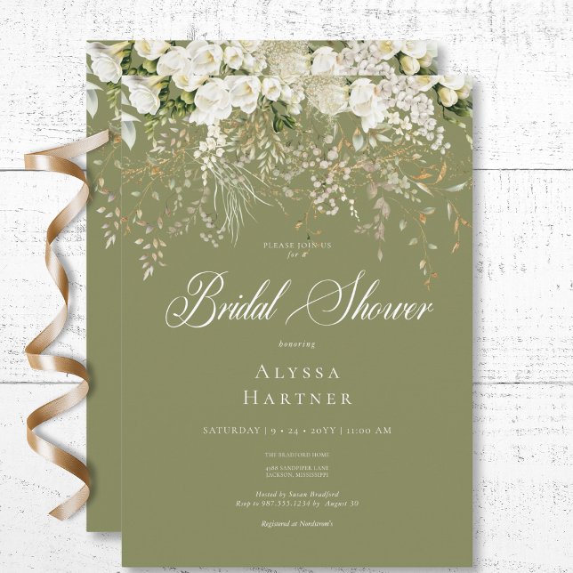 Rustic White Floral Drop Sage Green Bridal Shower Invitation (Rustic White Floral Drop Sage Green Bridal Shower Invitation)