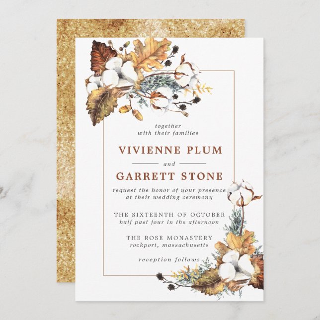 Rustic White Floral Gold Autumn Leaves Wedding Invitation (Front/Back)