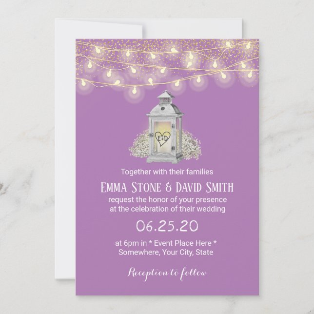 Rustic White Floral Lantern Pastel Purple Wedding Invitation (Front)