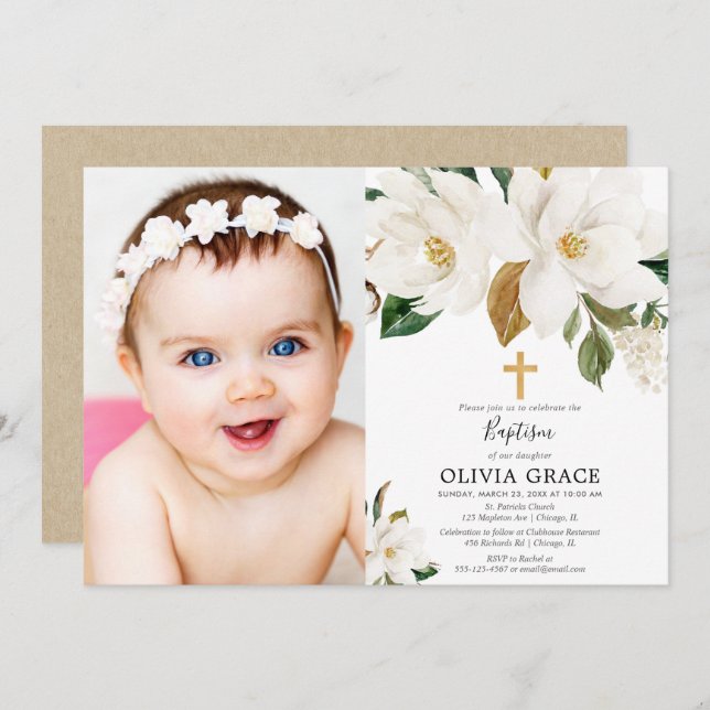 Rustic white floral magnolia fall baptism photo invitation (Front/Back)