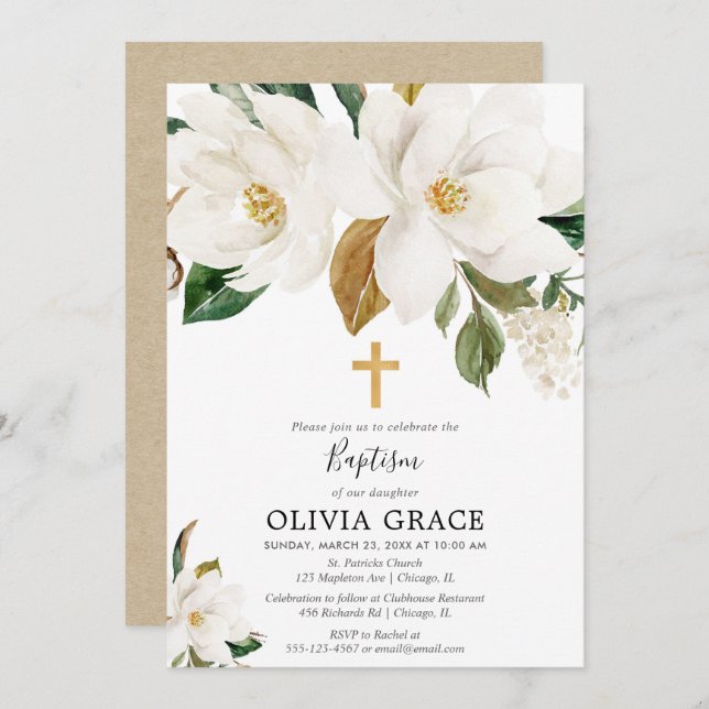 Rustic white floral magnolia greenery baptism invitation (Front/Back)