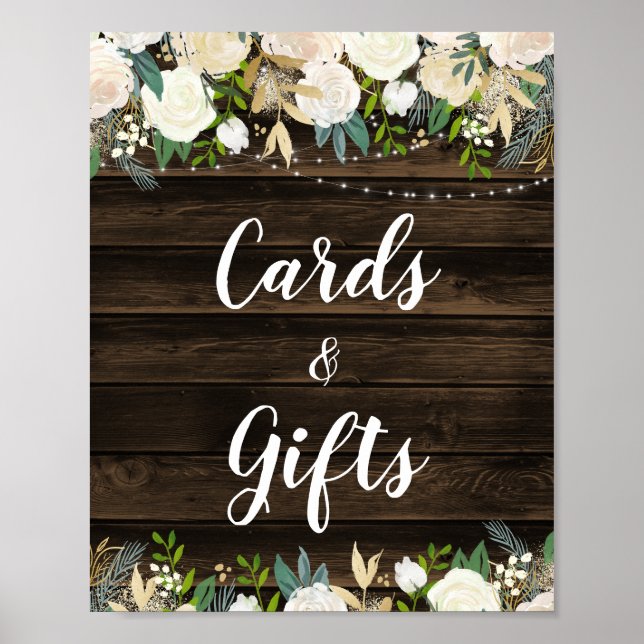 Rustic White Floral String Lights Cards & Gifts Poster (Front)