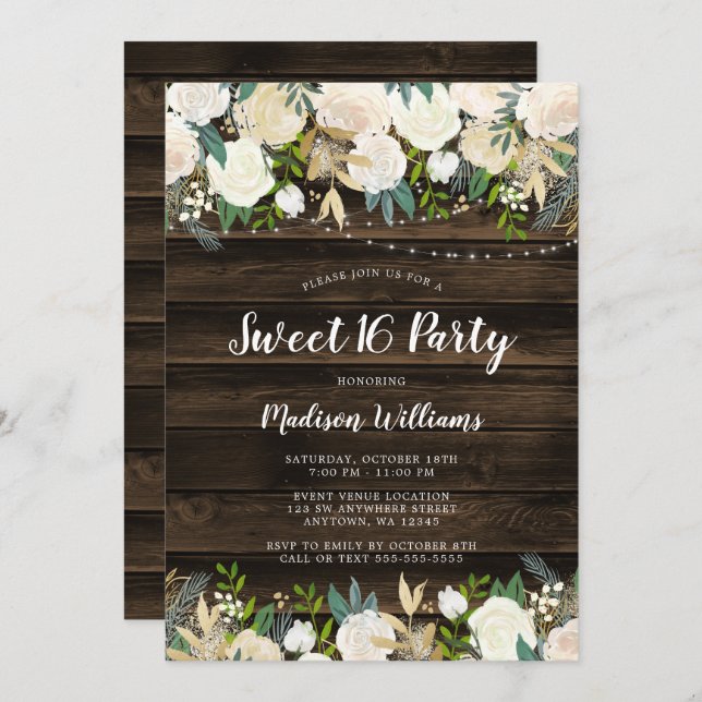 Rustic White Floral String Lights Sweet 16 Invitation (Front/Back)