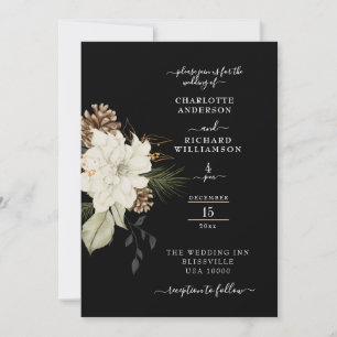Rustic White Floral with Pinecone Ion Black Invitation