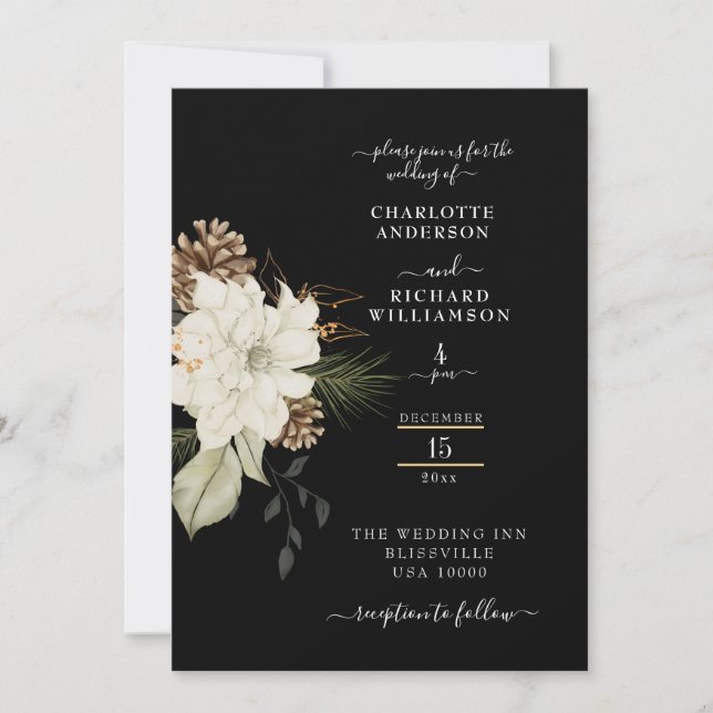 Rustic White Floral with Pinecone Ion Black  Invitation (Front)