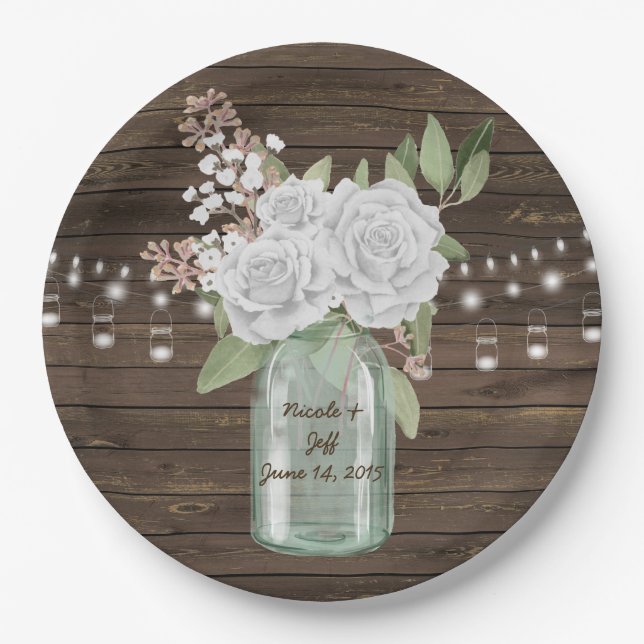 Rustic White Flower Country Wood Mason Jar Wedding Paper Plate (Front)