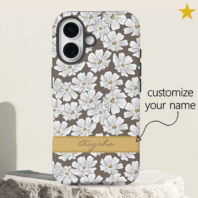 Rustic White Flower Sketch Yellow Gray Custom Name Case-Mate iPhone Case (Creator Uploaded)