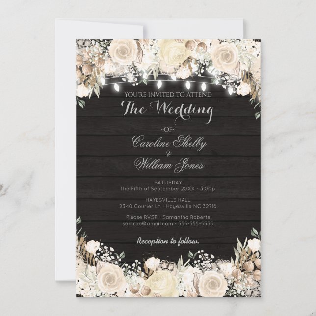 Rustic White Flowers and Wood Wedding Invitation (Front)