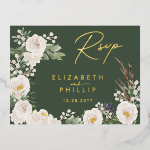 Rustic White Flowers Gold Green Greenery RSVP Foil Invitation Postcard