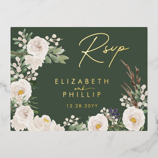 Rustic White Flowers Gold Green Greenery RSVP Foil Invitation Postcard (Front)