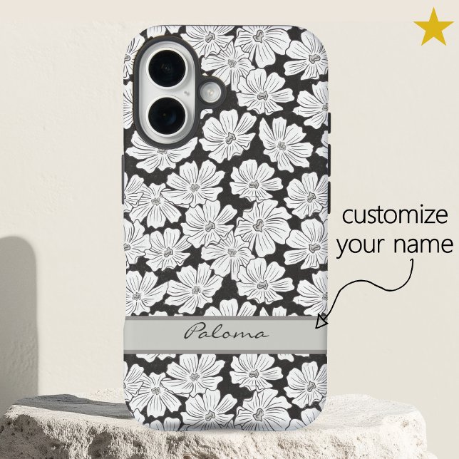 Rustic White Flowers Sketch Black Gray Custom Name Case-Mate iPhone Case (Creator Uploaded)