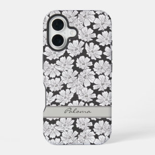 Rustic White Flowers Sketch Black Gray Custom Name iPhone 16 Case